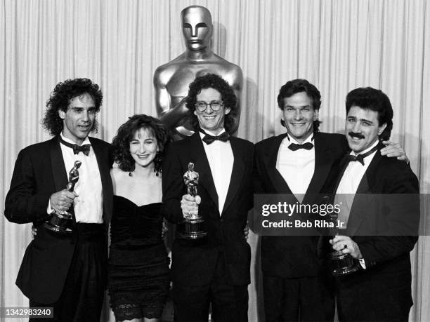 John DeNicola, Jennifer Grey, Donald Markowitz, Patrick Swayze and Frankie Previte celebrate Best Original Song ' The Time of My Life', backstage at...