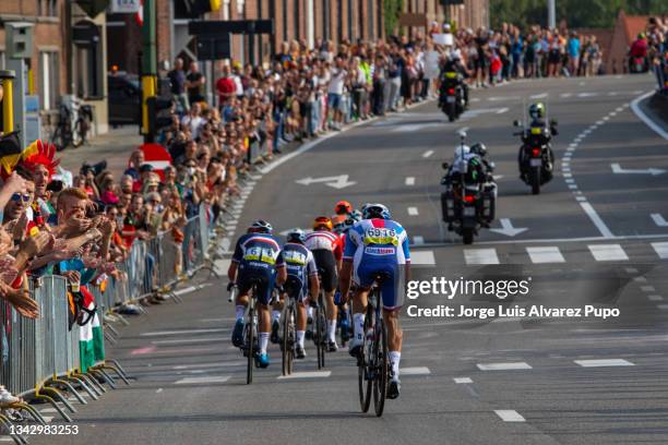 Back of the peloton during the 268,3km Men Elite road race from Antwerp to Leuven of the 2021 Road World championships on September 26, 2021 in...