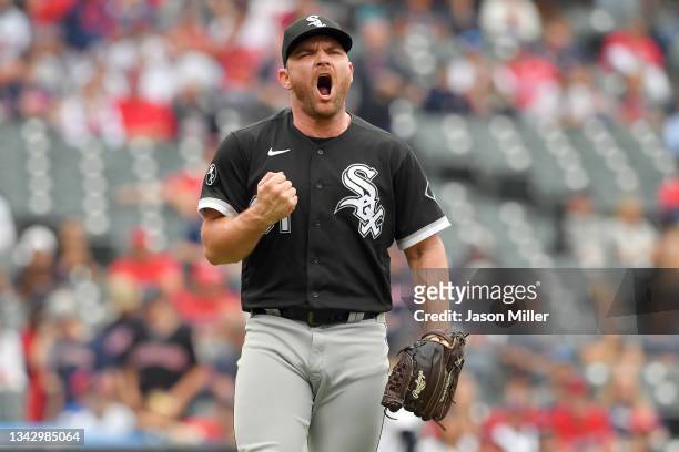 Closing pitcher Liam Hendriks of the Chicago White Sox reacts after the last out against the Cleveland Indians at Progressive Field on September 26,...
