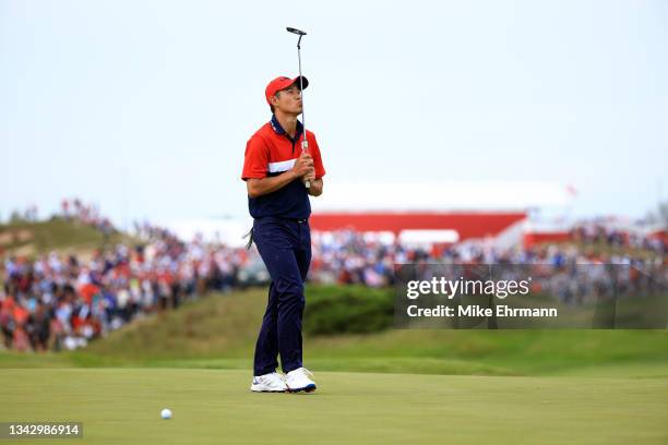 Collin Morikawa of team United States reacts on the 16th green during Sunday Singles Matches of the 43rd Ryder Cup at Whistling Straits on September...