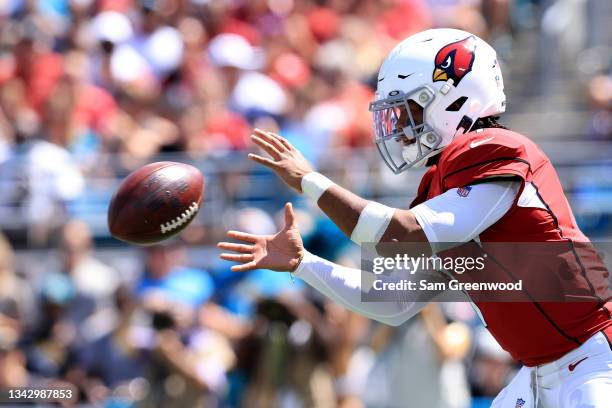 Kyler Murray of the Arizona Cardinals receives the ball during the game against the Jacksonville Jaguars at TIAA Bank Field on September 26, 2021 in...