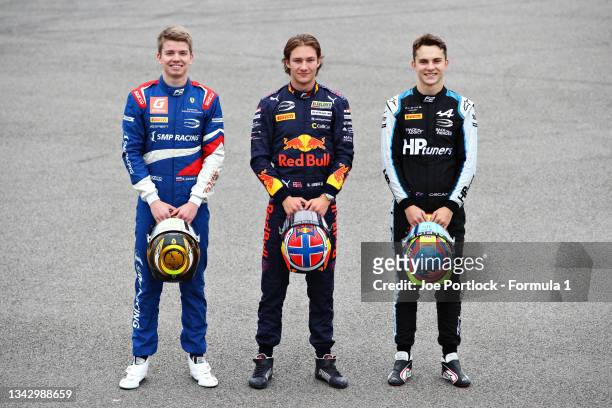Formula 3 Champion Dennis Hauger of Norway and Prema Racing, poses for a photo with 2020 Formula 3 Champion Oscar Piastri of Australia and Prema...