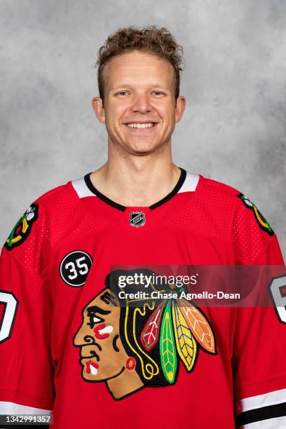 Collin Delia of the Chicago Blackhawks poses for his official headshot for the 2021-2022 season on September 22, 2021 at the United Center in...