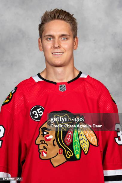 Kevin Lankinen of the Chicago Blackhawks poses for his official headshot for the 2021-2022 season on September 22, 2021 at the United Center in...