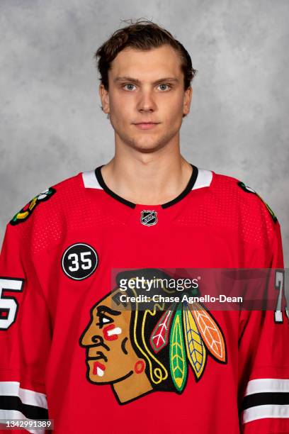 Alec Regula of the Chicago Blackhawks poses for his official headshot for the 2021-2022 season on September 22, 2021 at the United Center in Chicago,...