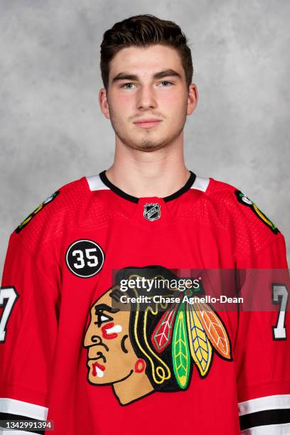 Kirby Dach of the Chicago Blackhawks poses for his official headshot for the 2021-2022 season on September 22, 2021 at the United Center in Chicago,...