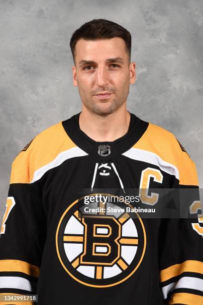 Patrice Bergeron of the Boston Bruins poses for his official headshot for the 2021-2022 season on September 24, 2021 at WGBH in Boston, Massachusetts.