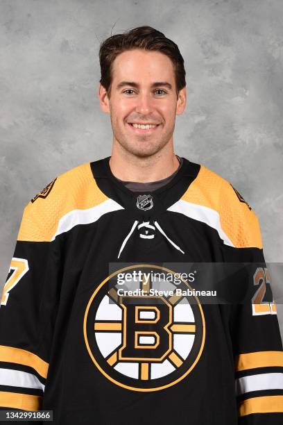 John Moore of the Boston Bruins poses for his official headshot for the 2021-2022 season on September 24, 2021 at WGBH in Boston, Massachusetts.