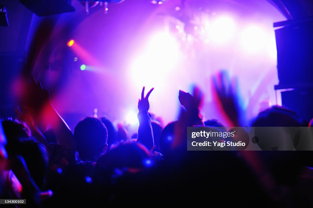 Crowd with arms in air at nightclub music.