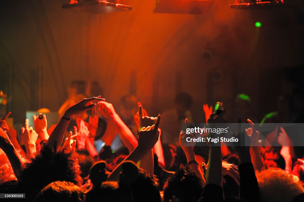 Crowd with arms in air at nightclub music.