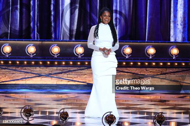 Audra McDonald speaks onstage during the 74th Annual Tony Awards at Winter Garden Theatre on September 26, 2021 in New York City.