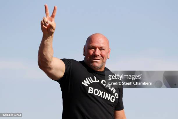 President, Dana White walks on stage during pre-race ceremonies prior to the NASCAR Cup Series South Point 400 at Las Vegas Motor Speedway on...