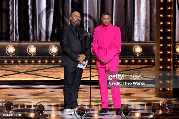 James Monroe Iglehart and Jeremy Pope speak onstage during the 74th Annual Tony Awards at Winter Garden Theatre on September 26, 2021 in New York...