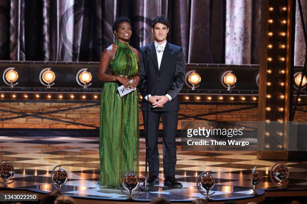 LaChanze and Darren Criss speak onstage during the 74th Annual Tony Awards at Winter Garden Theatre on September 26, 2021 in New York City.