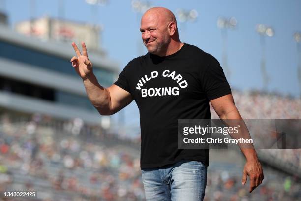 President, Dana White walks on stage during pre-race ceremonies prior to the NASCAR Cup Series South Point 400 at Las Vegas Motor Speedway on...