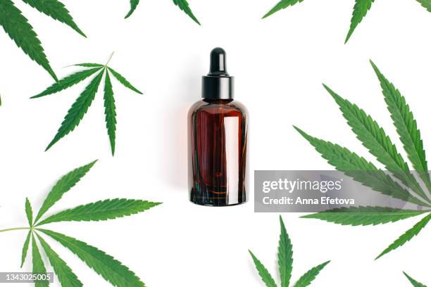 cbd oil in bottle on white background with many cannabis leaves. top view - flacon compte gouttes photos et images de collection