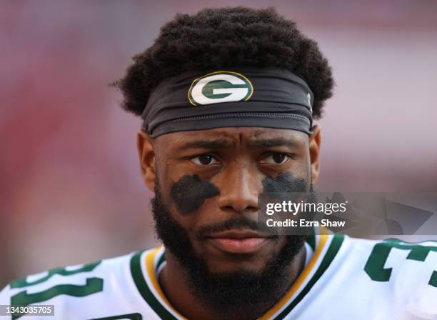 Adrian Amos of the Green Bay Packers is seen on the sideline prior to a game against the San Francisco 49ers at Levi's Stadium on September 26, 2021...