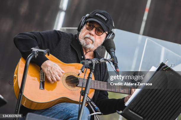 Cuban singer and guitarist Silvio Rodriguez performs on stage at Comunist Party PCE Festivities at Auditorio Miguel Rios on September 26, 2021 in...