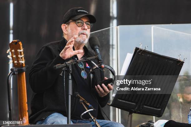 Cuban singer and guitarist Silvio Rodriguez performs on stage at Comunist Party PCE Festivities at Auditorio Miguel Rios on September 26, 2021 in...