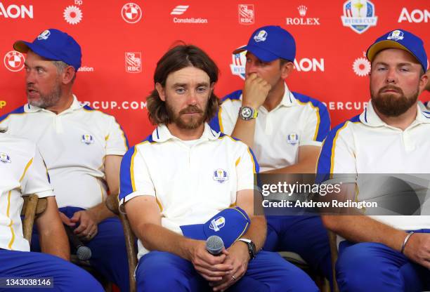 Tommy Fleetwood of England and team Europe attends a press conference after their 19 to 9 loss to Team United States during the 43rd Ryder Cup at...