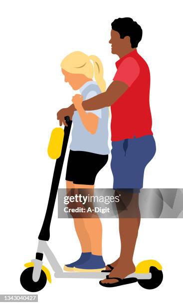 two on electric scooter - couple exercise outside stock illustrations