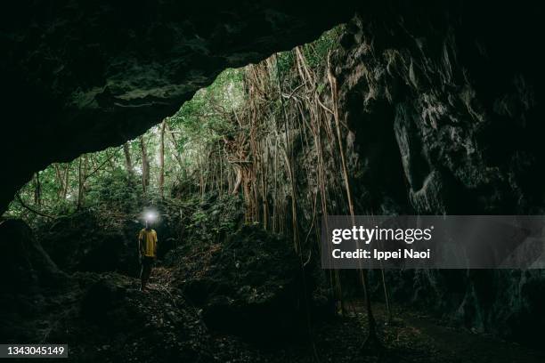 child with headlamp in cave in jungle, kikai island, japan - amami stockfoto's en -beelden