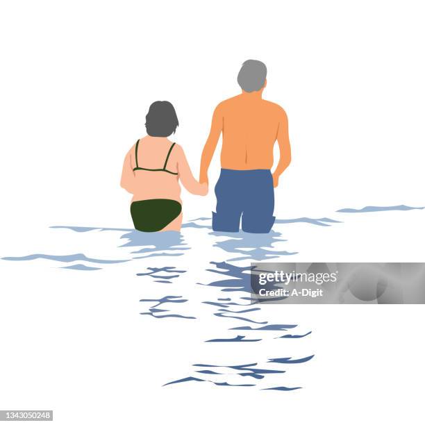 elderly couple lake swim - couple swimming lake stock illustrations