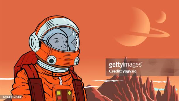vector retro astronaut auf einem planeten stock illustration - astronaut vector stock-grafiken, -clipart, -cartoons und -symbole