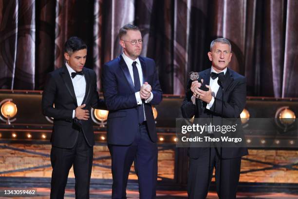 Matthew López, Hunter Arnold, and Tom Kirdahy accept the award for Best Play for "The Inheritance" onstage during the 74th Annual Tony Awards at...