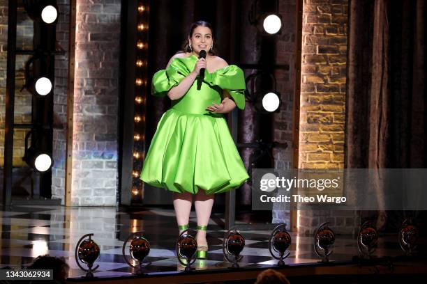 Beanie Feldstein speaks onstage during the 74th Annual Tony Awards at Winter Garden Theatre on September 26, 2021 in New York City.