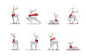 Christmas reindeers in scarves. Cute deers with antlers standing and jumping. Winter design elements. Vector illustration in flat cartoon style