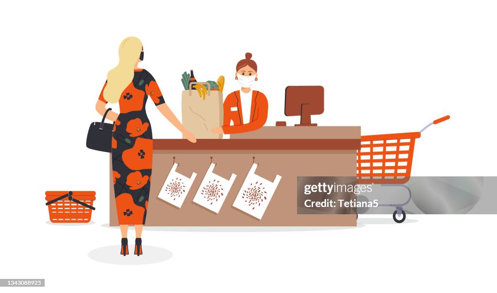 Grocery store during epidemic of virus.Cashier in protective medical mask is behind cash register serve customer