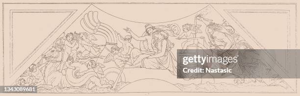 peter von cornelius: from the frescoes in the munich glyptothek. the kidnapping of helen - fresco stock illustrations