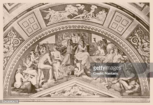 ilustraciones, imágenes clip art, dibujos animados e iconos de stock de peter von cornelius: de los frescos de la glyptothek de múnich. dioses griegos en el olymp - mitología griega
