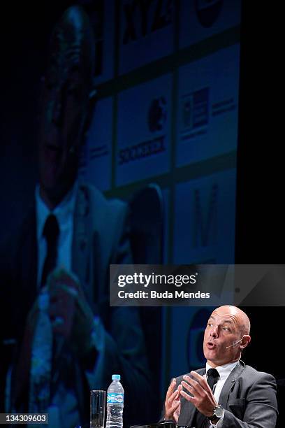 Howard Webb, FIFA referee, speaks during an exclusive interview at Soccerex Global Convention at Forte de Copacabana on November 30, 2011 in Rio de...