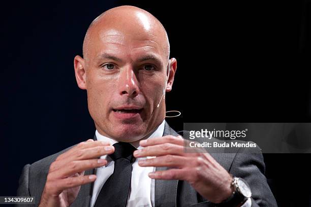 Howard Webb, FIFA referee, speaks during an exclusive interview at Soccerex Global Convention at Forte de Copacabana on November 30, 2011 in Rio de...