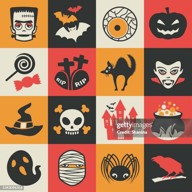 ilustraciones, imágenes clip art, dibujos animados e iconos de stock de conjunto de iconos cuadrados navideños de halloween - v2 - frankenstein