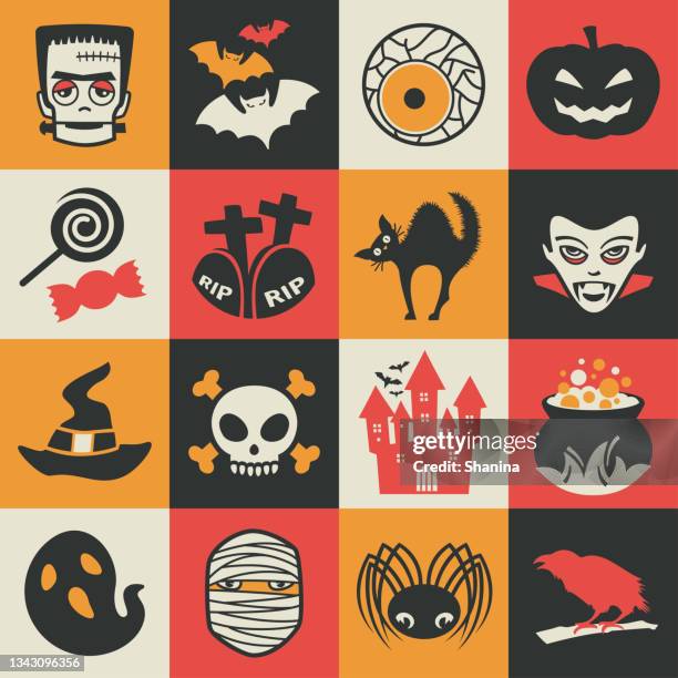 ilustrações, clipart, desenhos animados e ícones de ícones quadrados de feriado de halloween definidos - v2 - frankenstein