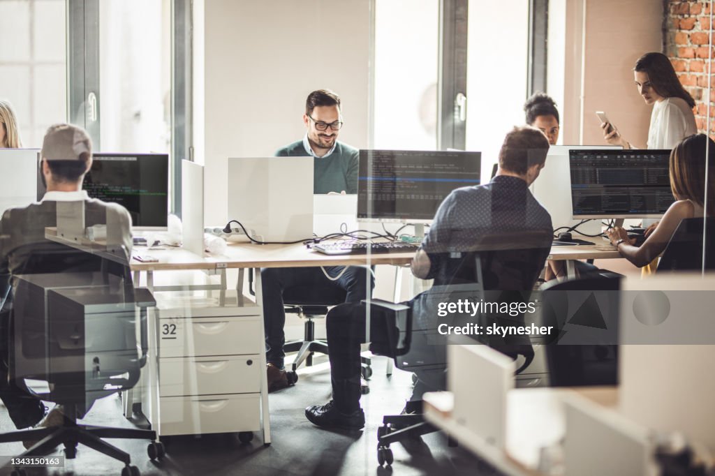 Large group of programmers working on desktop PCs in the office.