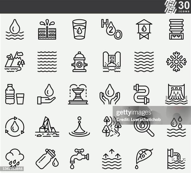 ilustraciones, imágenes clip art, dibujos animados e iconos de stock de agua, h2o, iconos de línea - fountain