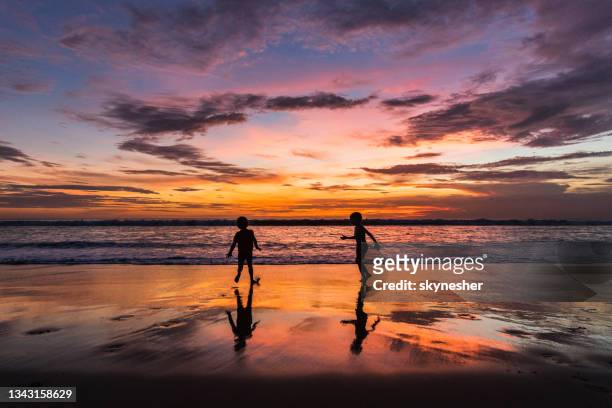 silhouette of a small kids playing on the beach at sunset. - tegenlicht stockfoto's en -beelden