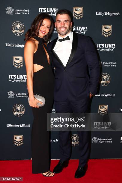 James Tedesco of the Roosters and his partner Maria Glinellis attend the NRL 2021 Dally M Awards at the Howard Smith Wharves on September 27, 2021 in...