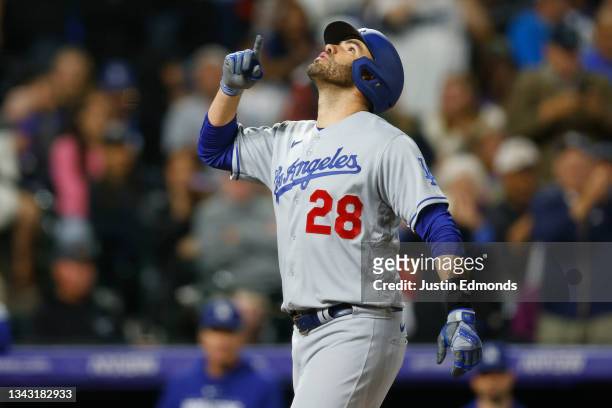 Martinez of the Los Angeles Dodgers celebrates his two-run home run in the fourth inning against the Colorado Rockies at Coors Field on June 29, 2023...