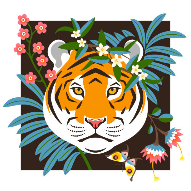 tiger in the jungle - zoo art stock illustrations