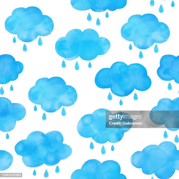 watercolor hand painted rainy clouds seamless pattern. hand drawn vector background template for for baby shower invitation, greeting card, banner, poster, tag, label, poster, business card and flyer. - congratulations blue background stock illustrations