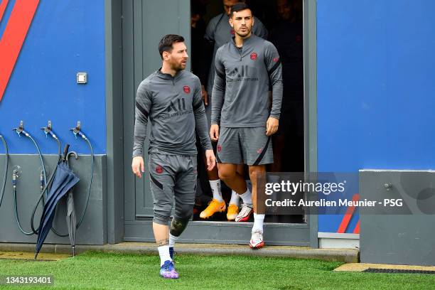 Leo Messi looks on during a Paris Saint-Germain training session at Ooredoo Center on September 27, 2021 in Paris, France.