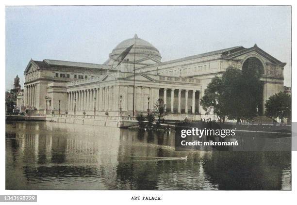 old engraving illustration of chicago in the 19th century, palace of fine arts - columbian exposition in chicago in 1893 - chicago art museum stock pictures, royalty-free photos & images