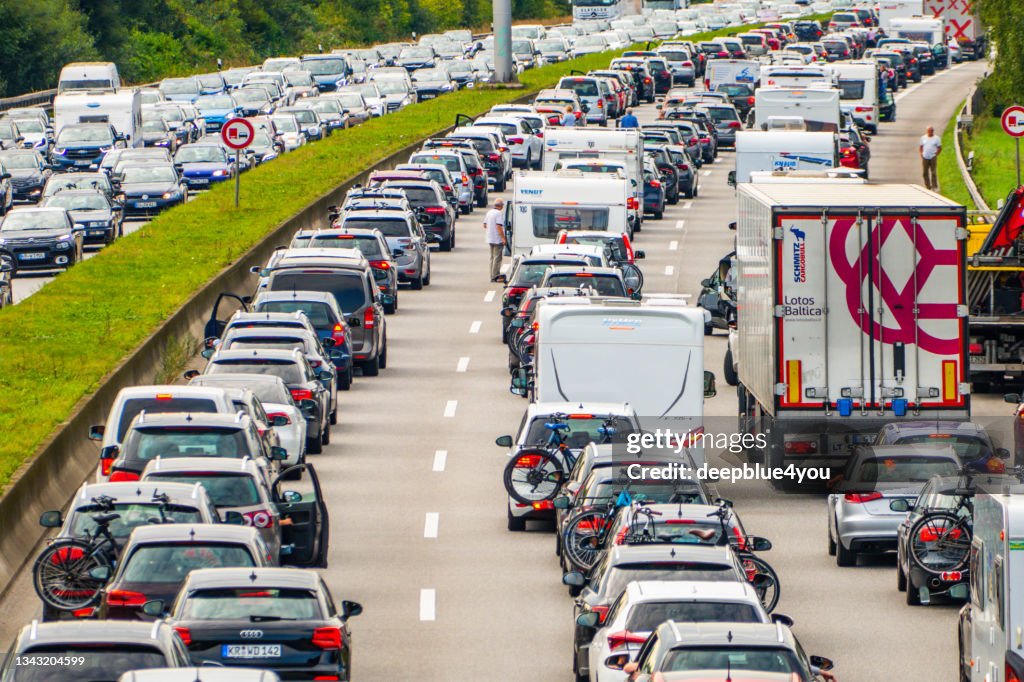 Traffic jam on the motorway in Hamburg, Germany
