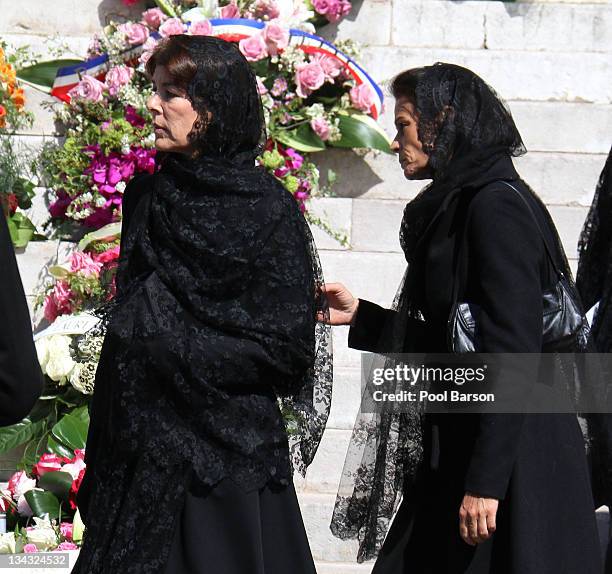Princess Caroline of Hanover and Princess Stephanie of Monaco attend Princess Melanie-Antoinette Funerals at Cathedrale Notre-Dame-Immaculee de...