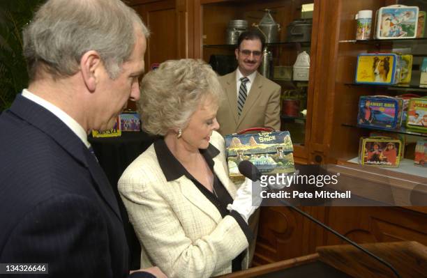 June Lockhart, of "Lost in Space", presents the "Lost in Space" lunchbox into the "Taking America to Lunch" display with museum Director Dr. Brent D....